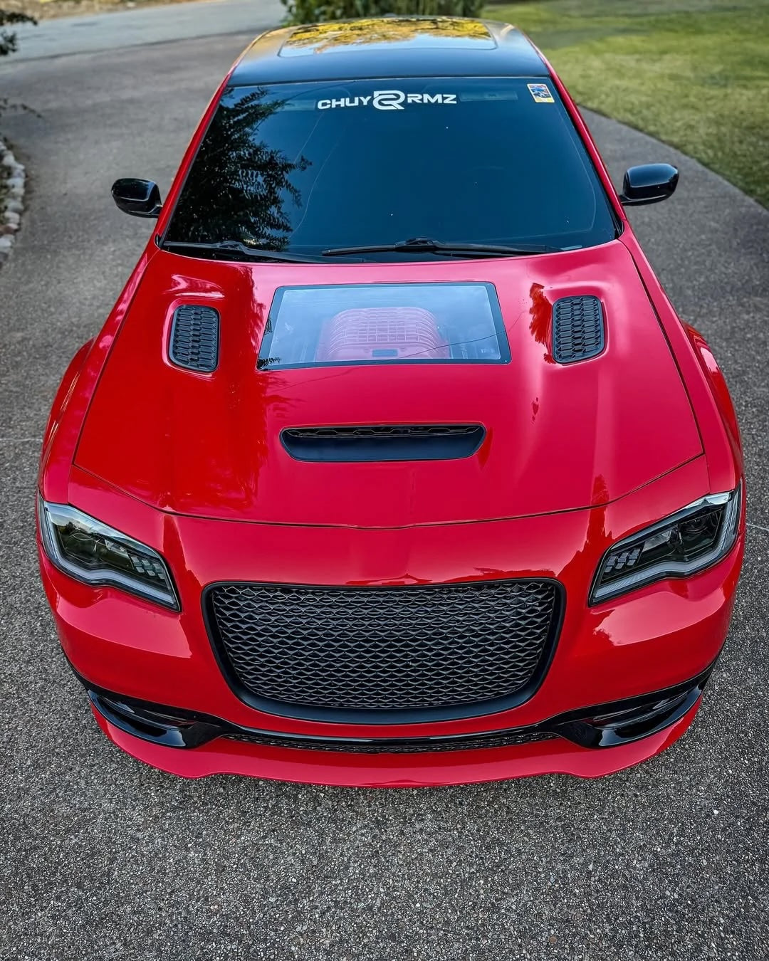Red Chrysler 300 fiberglass hood with window and vents