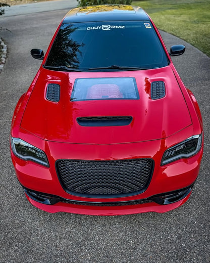 Red Chrysler 300 fiberglass hood with window and vents