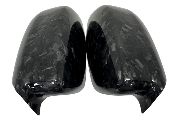 Forged carbon fiber side mirror covers for 2015–2023 Dodge Charger Widebody and Slim Body and 2011–2023 Chrysler 300, featuring chopped carbon fiber pattern.